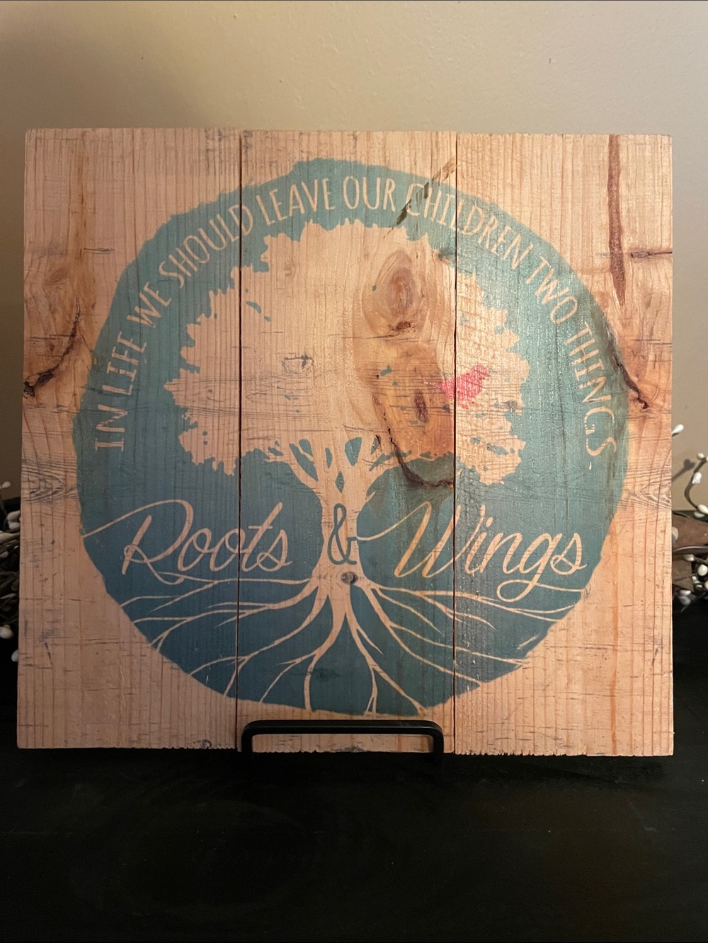 NEW!! Rustic Roots & Wings Wood Wall Art Sign in Teal and Natural